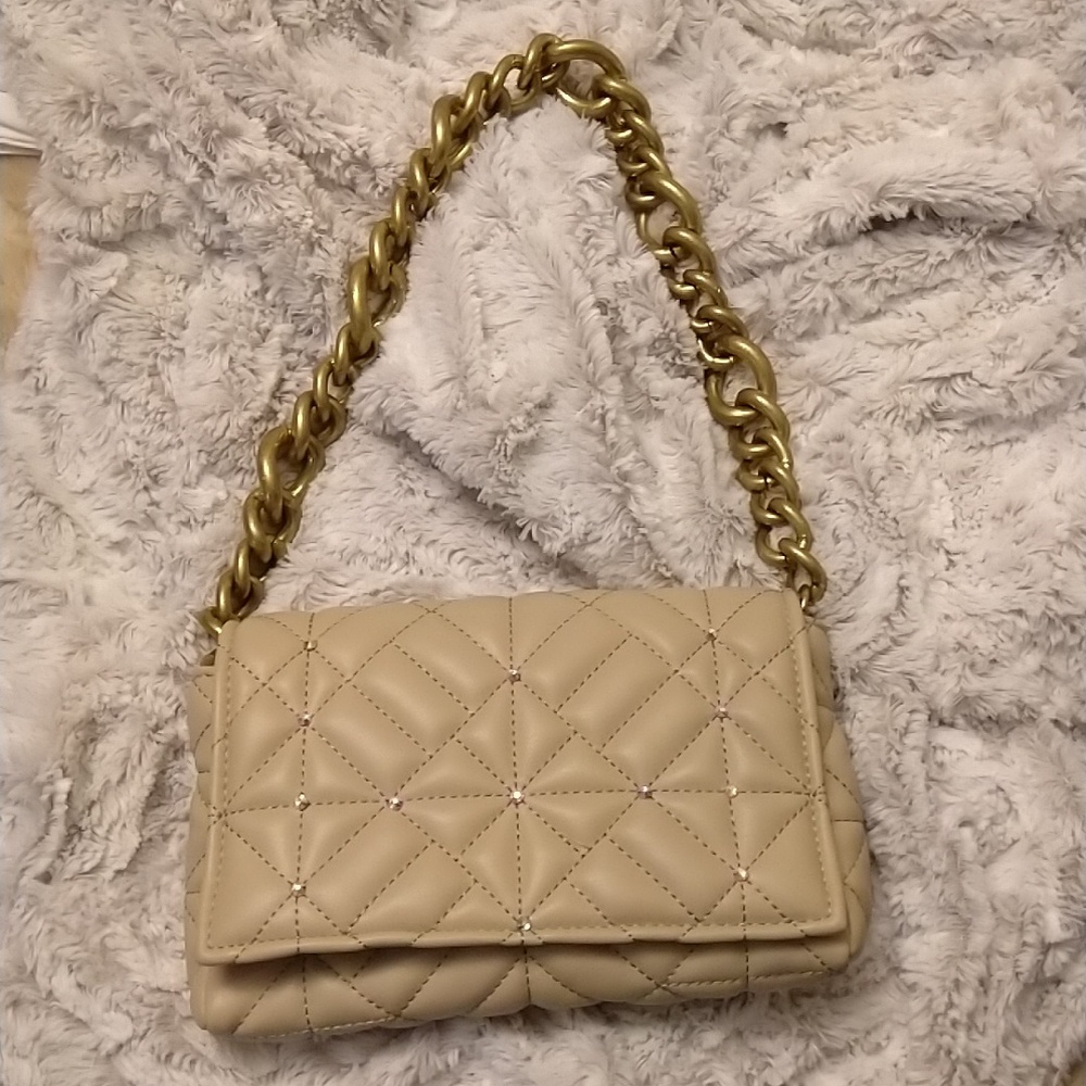 Zara Leather Free Beige Quilted bag *with Bling* NWOT